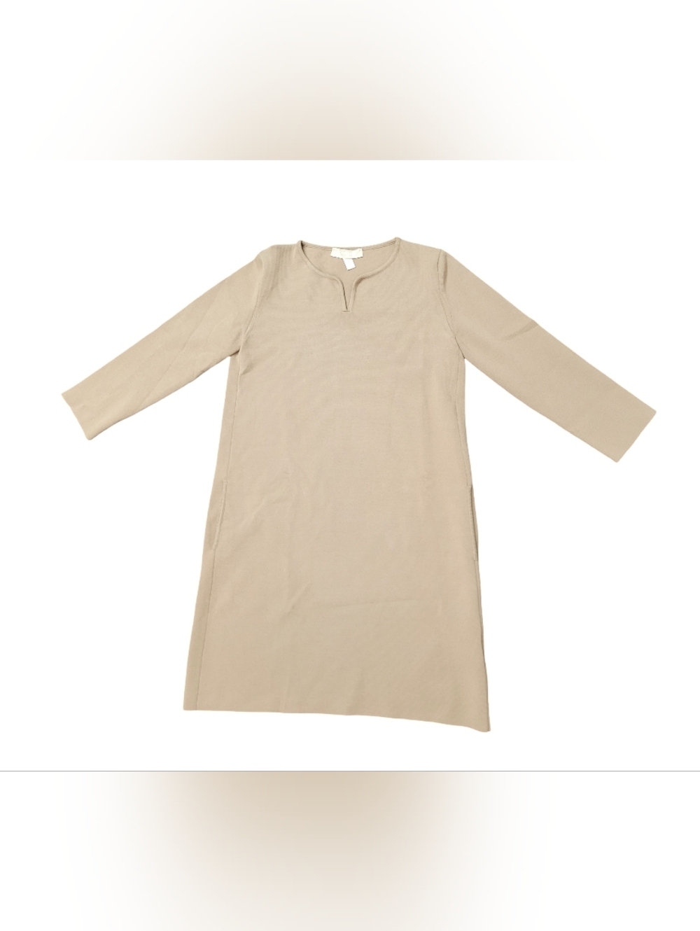 Beige Notch-Neck Ribbed Knit Shift Dress - Picture 2 of 5